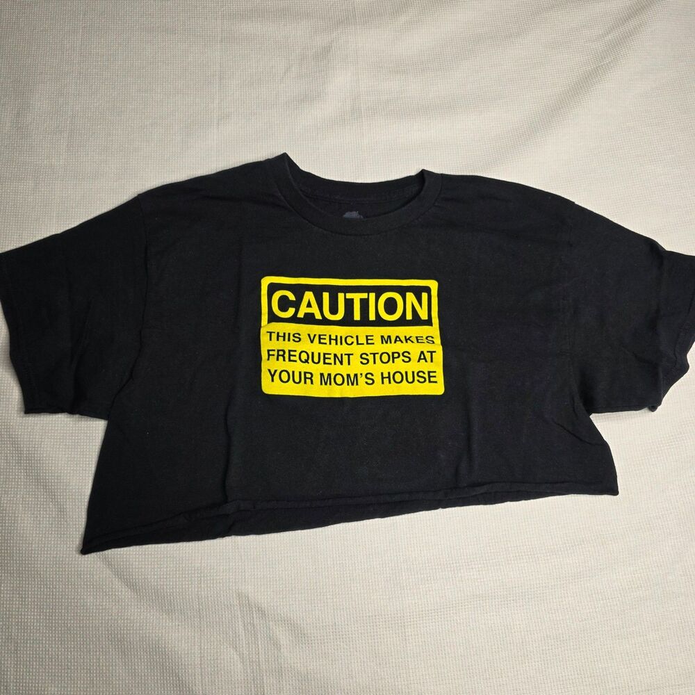 Danny Duncan LARGE Black Caution Frequent Stops Cut Off Crop Top T‑Shirt